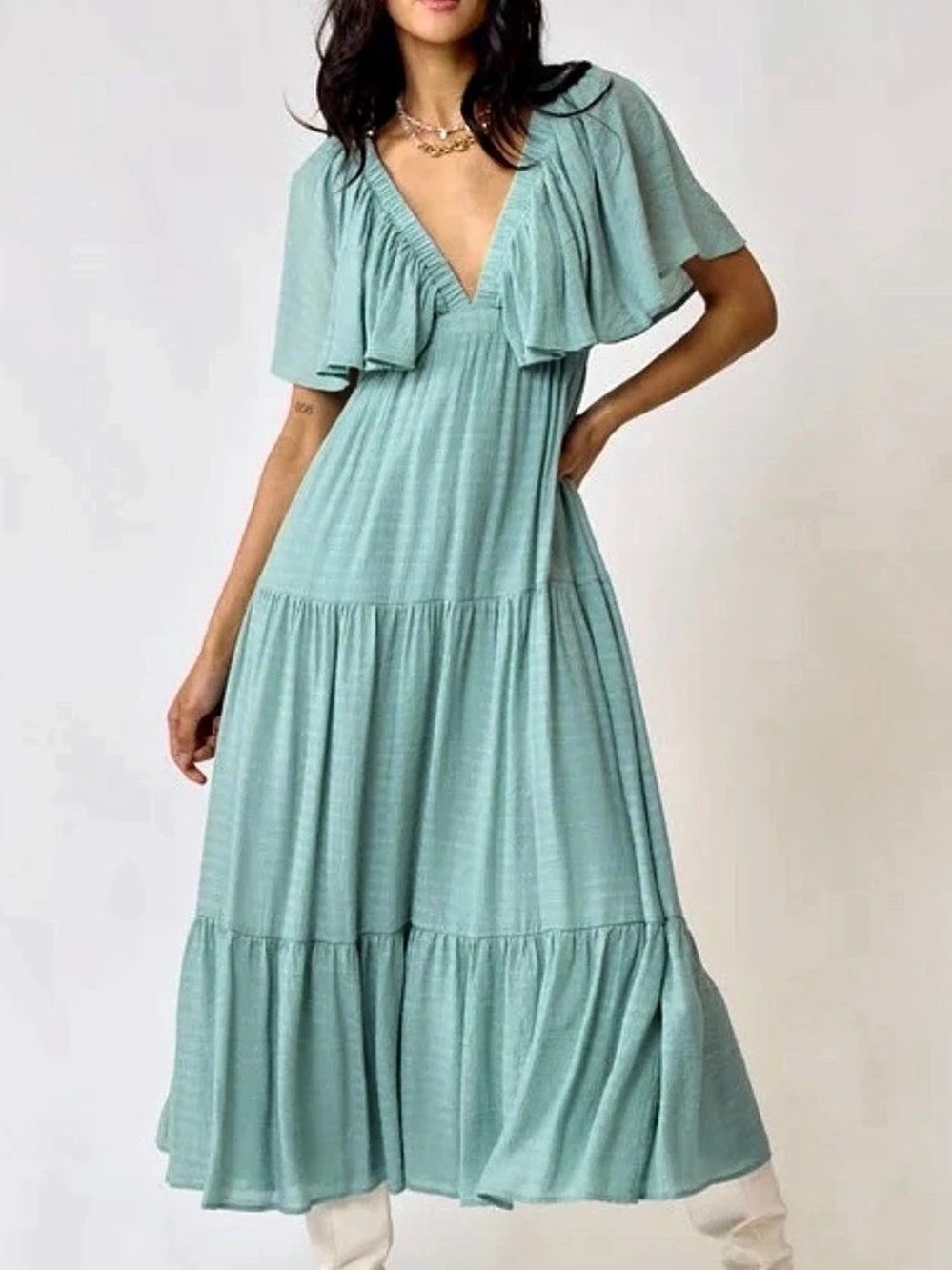 Free People Tiered Maxi Dress in Green Like New